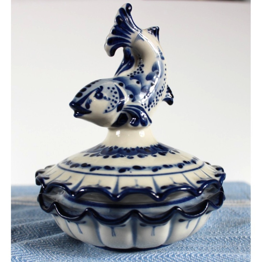 Gzhel Caviar dish lidded large fish finial blue & white signed Novinkova